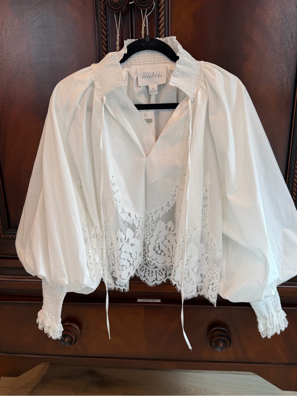 Maje White Lace-Panel Balloon-Sleeve Blouse